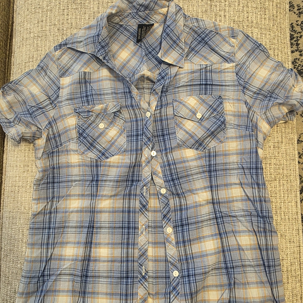 Women's Blue and Cream Plaid Shirt